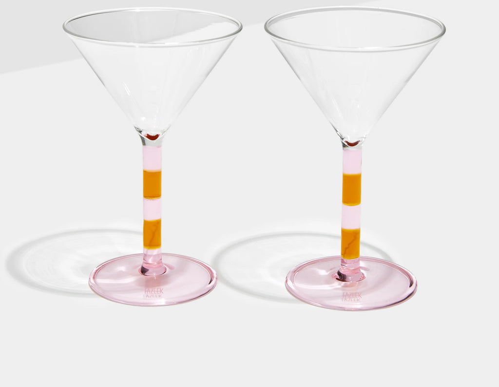 TWO x STRIPED MARTINI GLASSES - PINK + AMBER