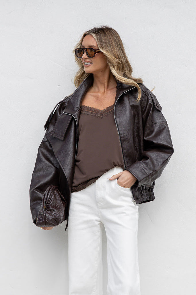 Funnel Neck Faux Leather Jacket Chocolate
