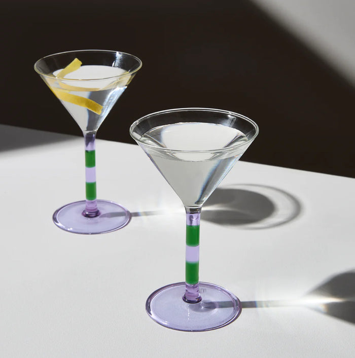 TWO x STRIPED MARTINI GLASSES - LILAC + GREEN