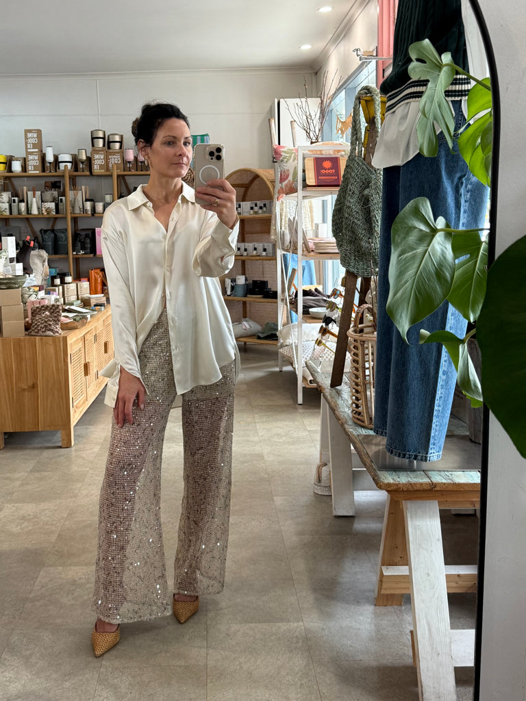 Wide Leg Sequin Pants Sand