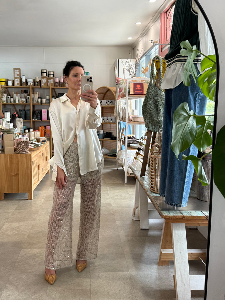 Wide Leg Sequin Pants Sand