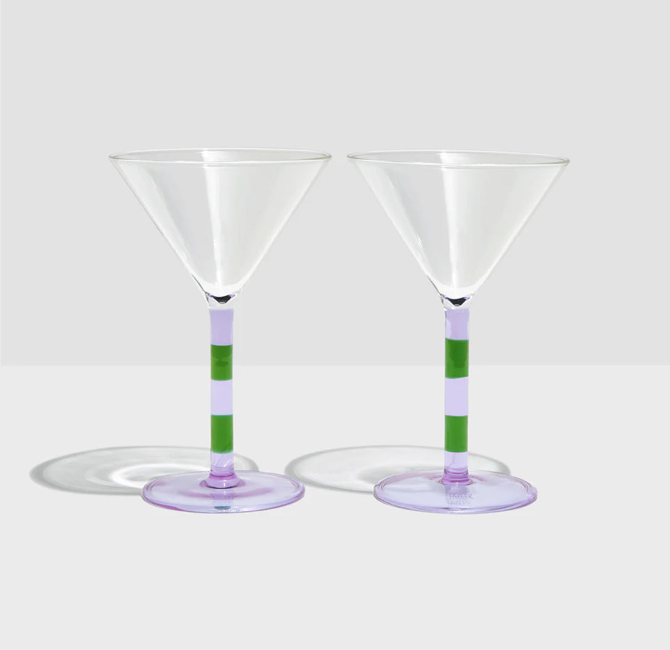 TWO x STRIPED MARTINI GLASSES - LILAC + GREEN