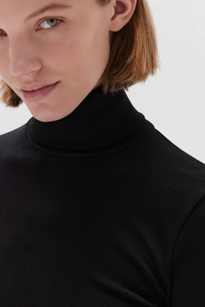 Rib Roll Neck Long Sleeve Tee - Black