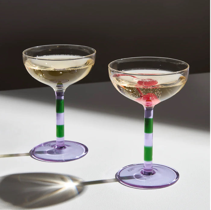 TWO x STRIPED COUPE GLASSES - LILAC + GREEN