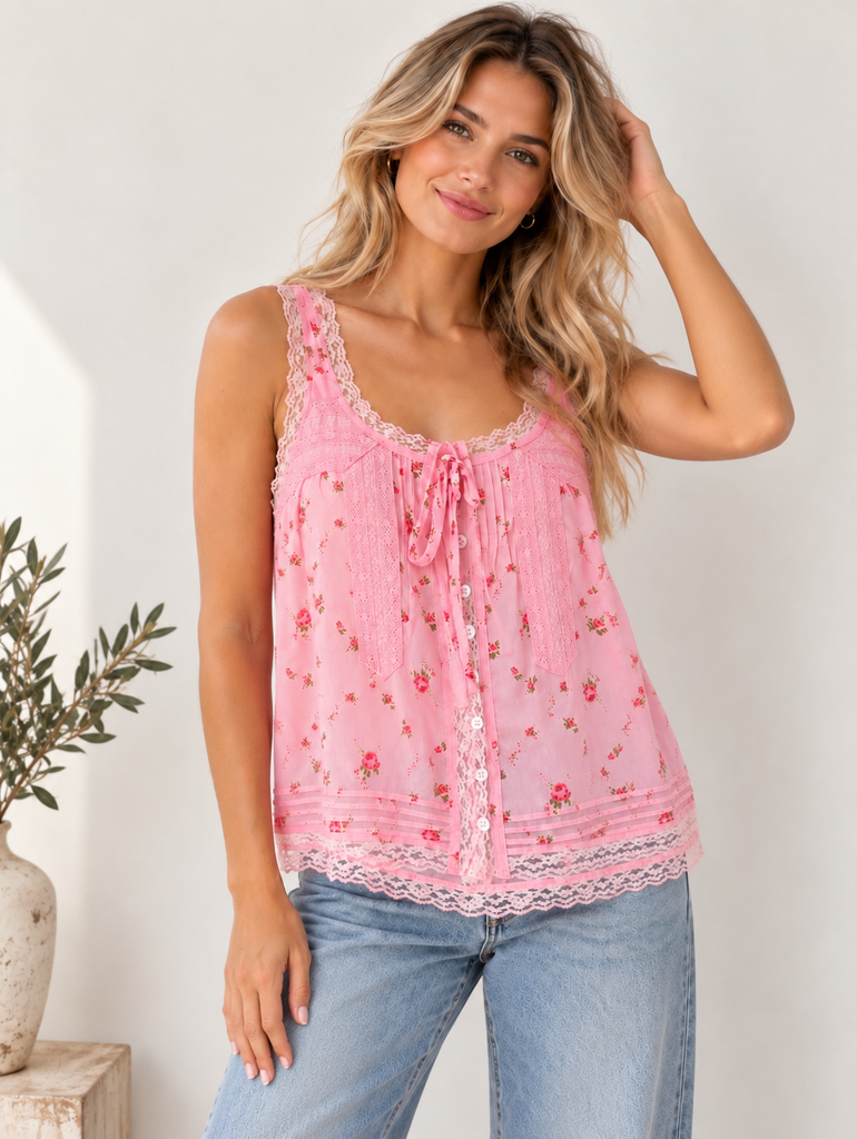 Lace trim cami pink