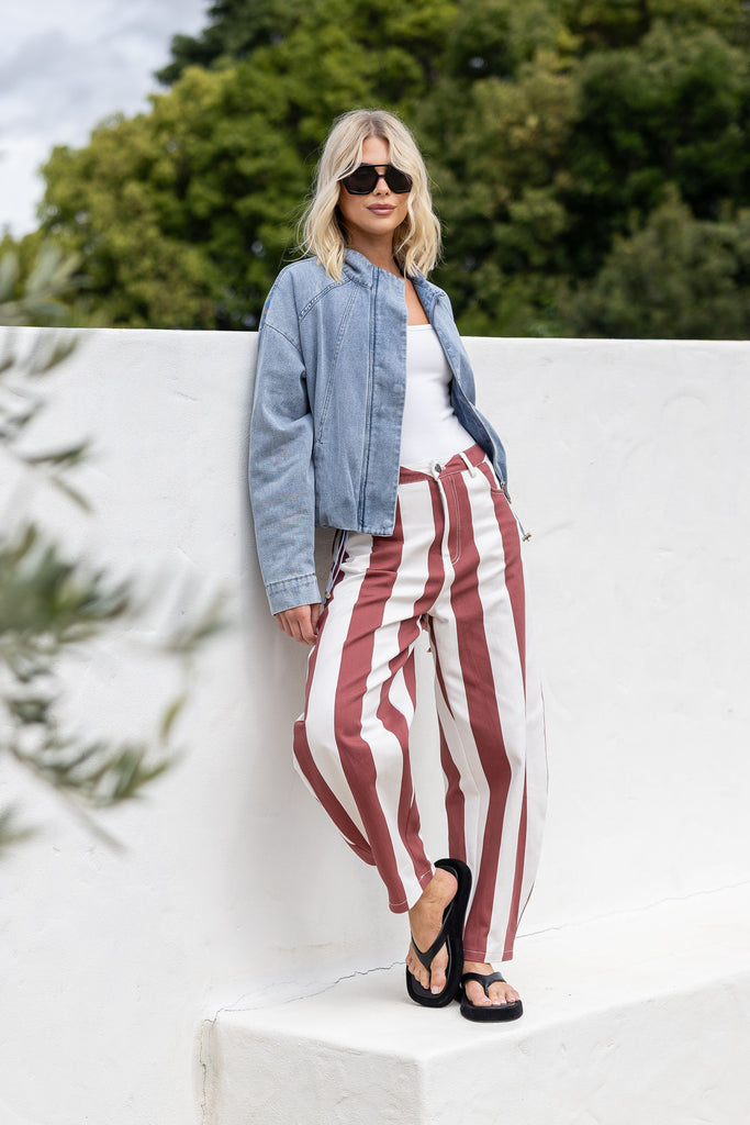 Cherry Cream Stripe Barrel Jean
