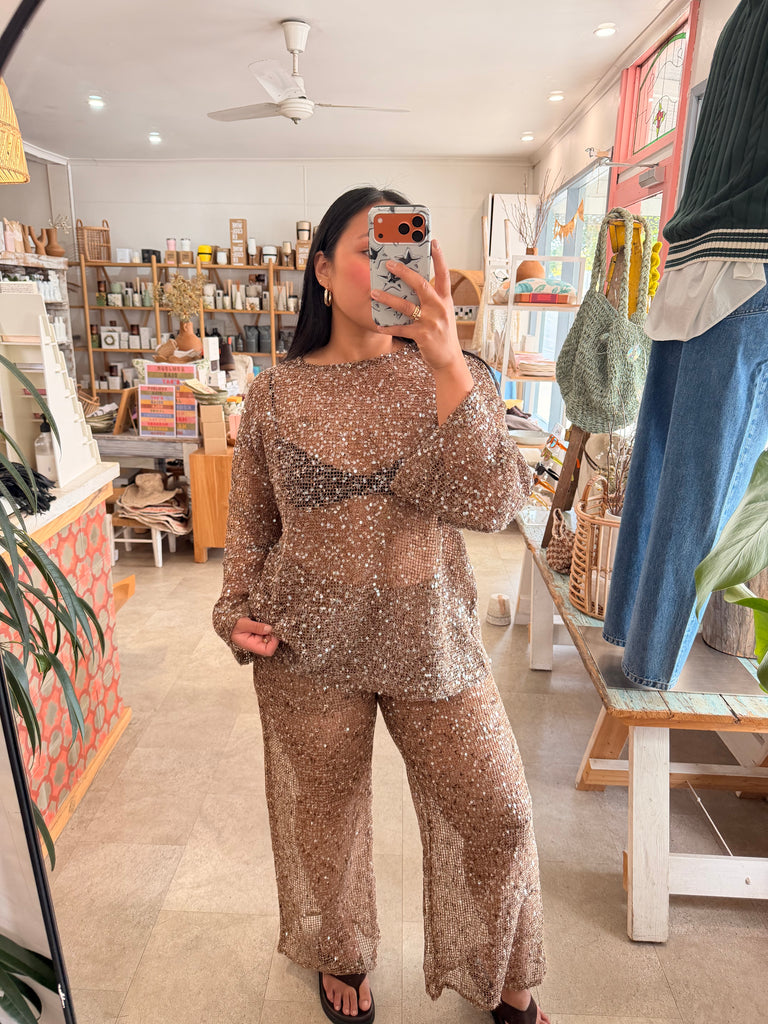 Wide Leg Sequin Pant Chocolate