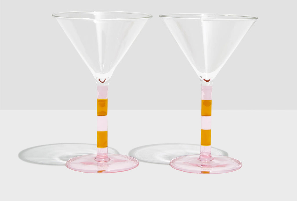 TWO x STRIPED MARTINI GLASSES - PINK + AMBER