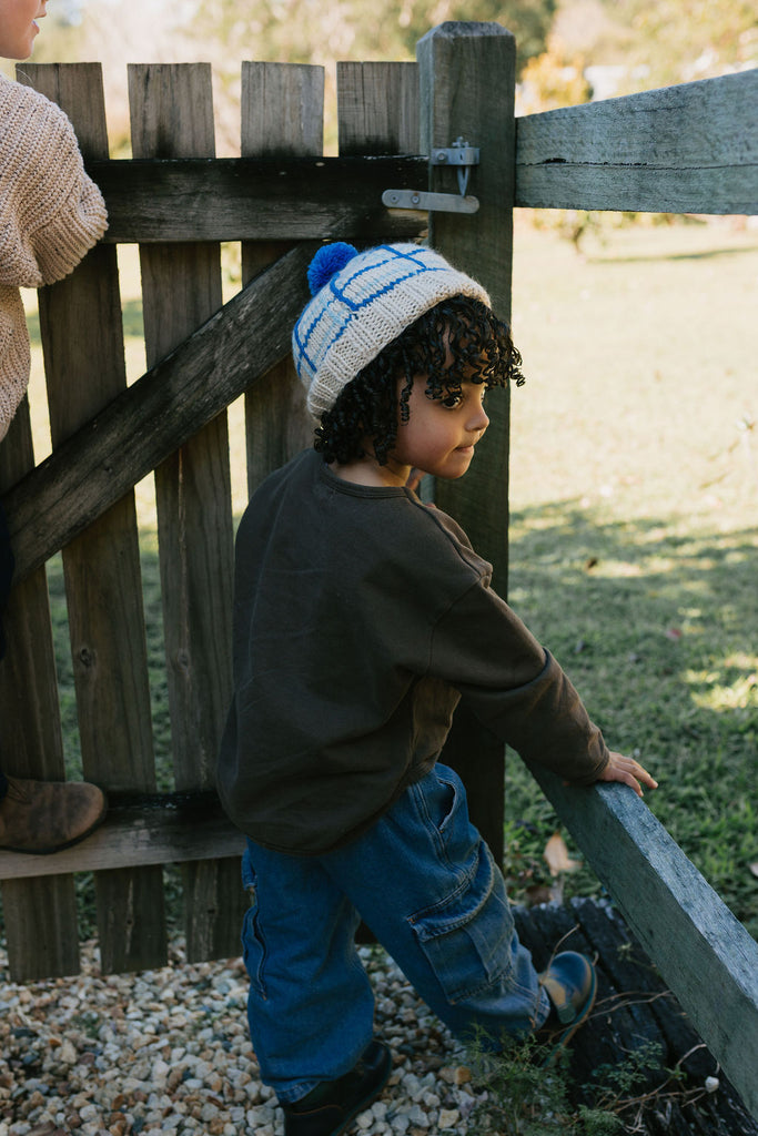 Crossroads Beanie Blue and Cream