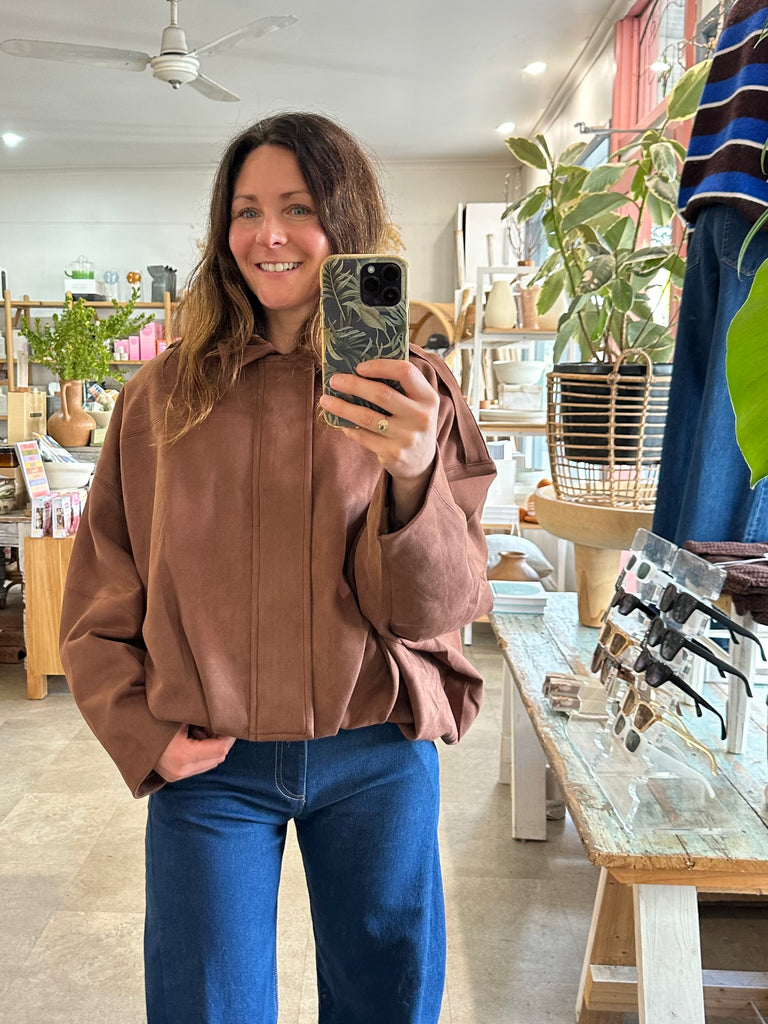 Faux Suede Bomber Jacket Espresso