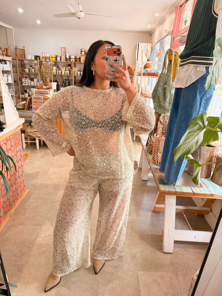 Wide Leg Sequin Pants Sand
