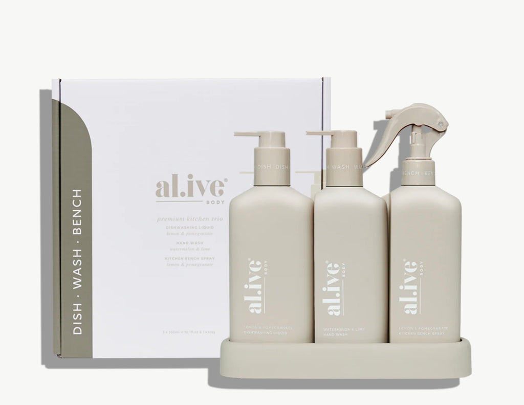 Dishwashing Liquid, Hand Wash & Bench Spray + Tray, Premium Kitchen Trio