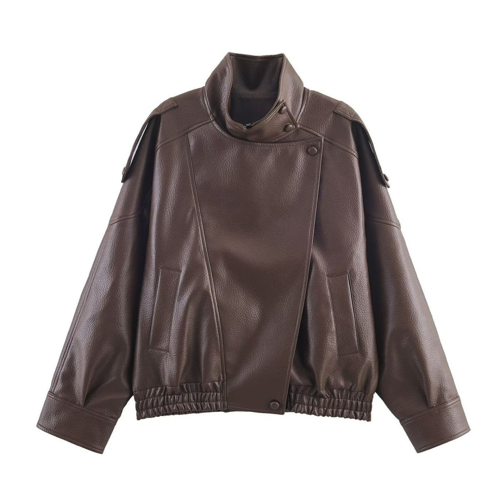 Funnel Neck Faux Leather Jacket Chocolate