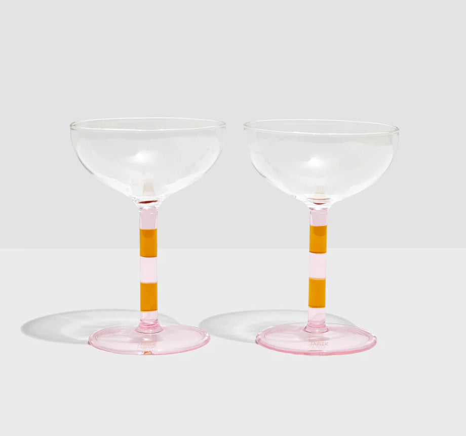 TWO x STRIPED COUPE GLASSES - PINK + AMBER