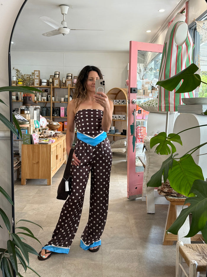 Choc Polka/Blue Trim Satin Scarf Set - Mika and Max