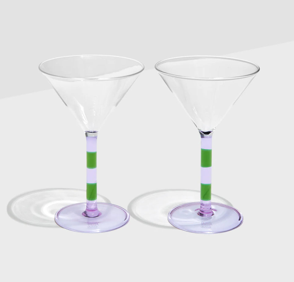 TWO x STRIPED MARTINI GLASSES - LILAC + GREEN