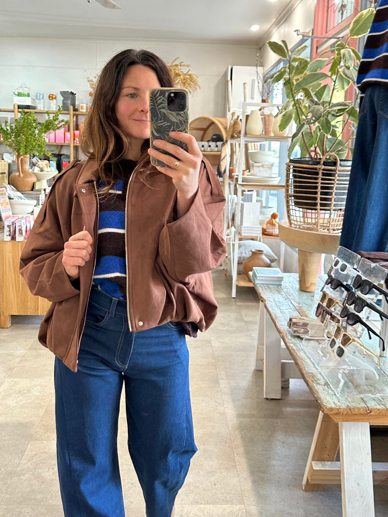 Faux Suede Bomber Jacket Espresso