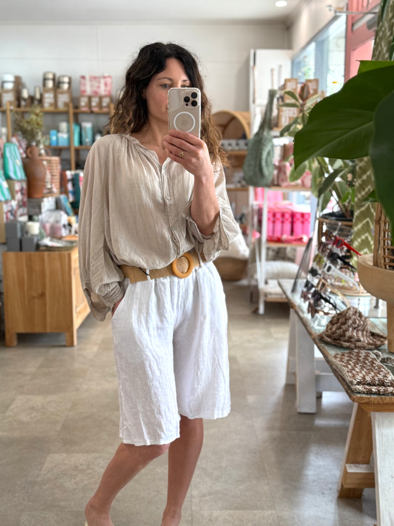 Belted Linen Short White