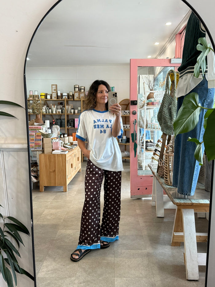 Choc Polka/Blue Trim Satin Scarf Set