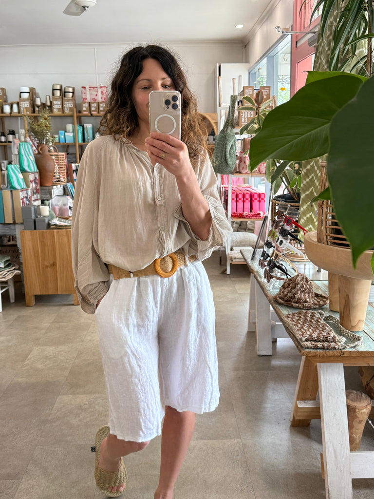 Belted Linen Short White