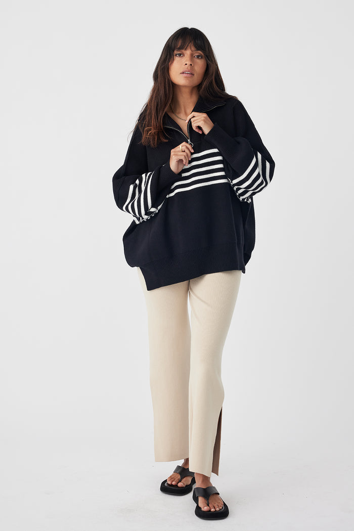 London Zip Stripe Sweater - Black & Cream