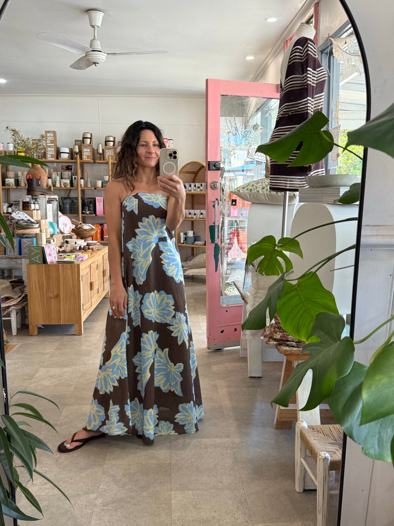 Choc/Blue Floral Strapless Maxi Dress