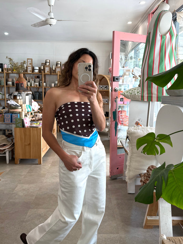 Choc Polka/Blue Trim Satin Scarf Set - Mika and Max