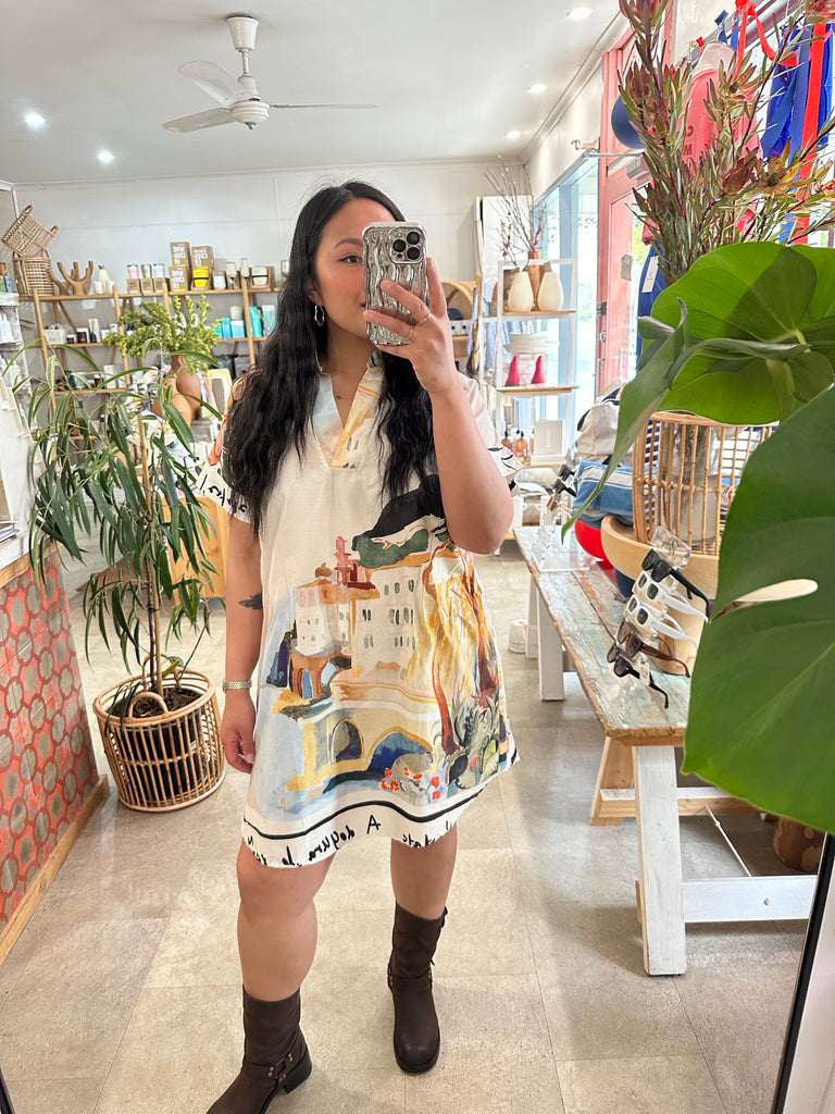 French Print Shift Dress
