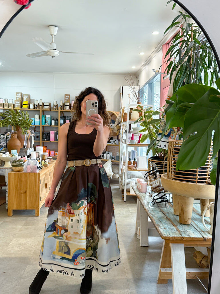 French Print Cotton Skirt Chocolate