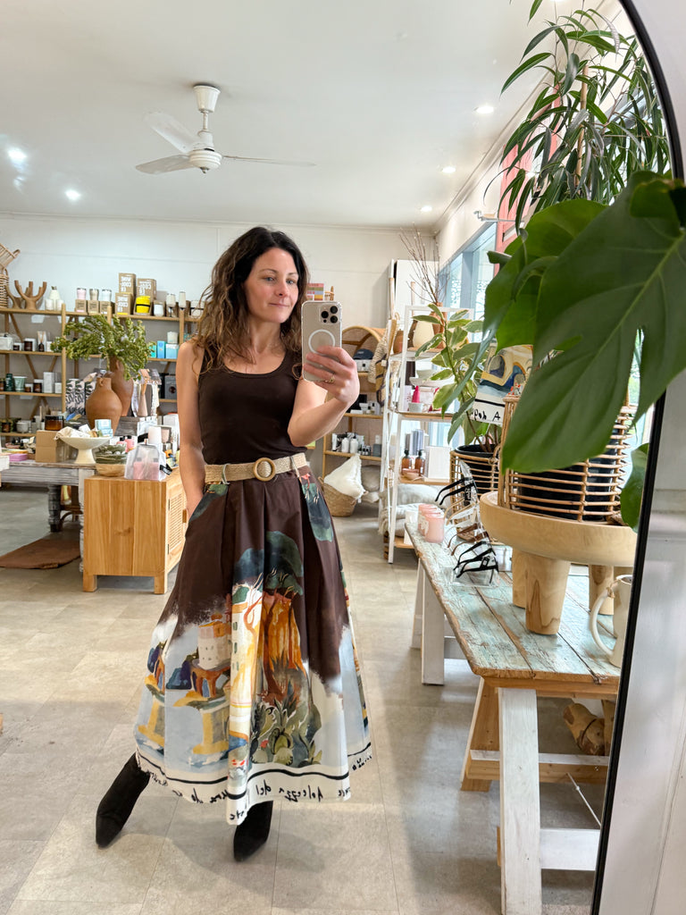 French Print Cotton Skirt Chocolate