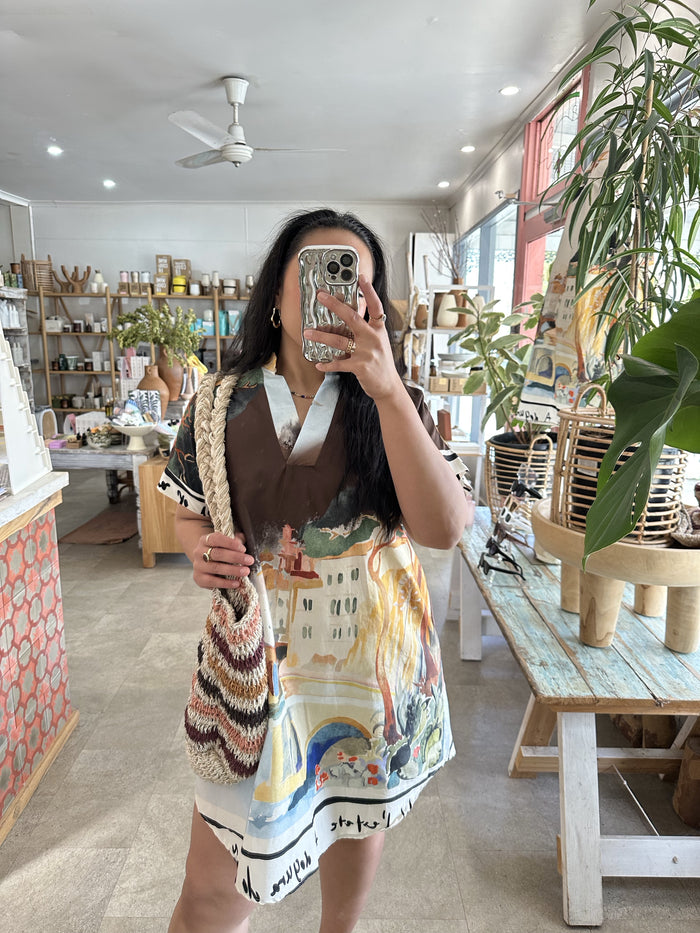 French Print Shift Dress Chocolate
