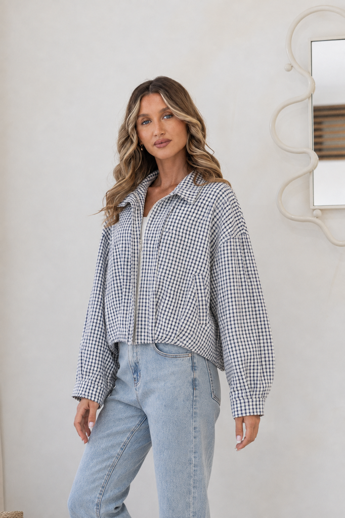 Spring Bomber Jacket Navy / White Gingham
