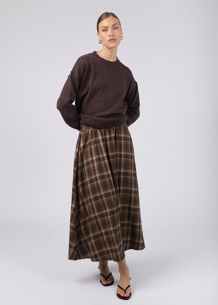 Plaid Midi Skirt Brown