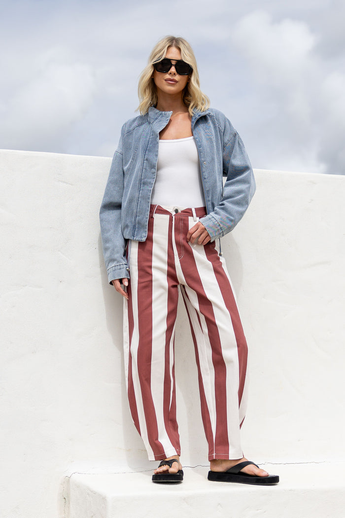 Cherry Cream Stripe Barrel Jean