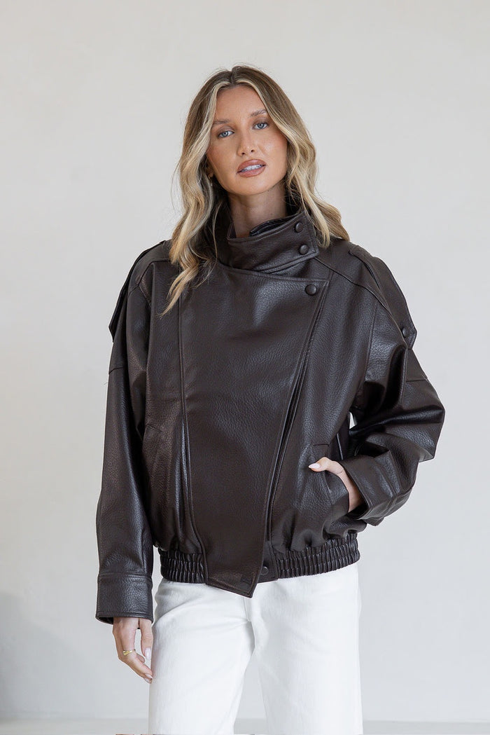 Funnel Neck Faux Leather Jacket Chocolate