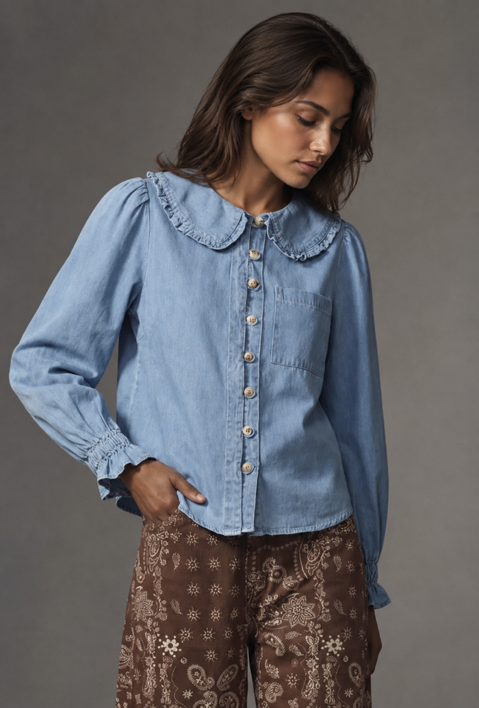 Ruffle Collar Blouse Chambray