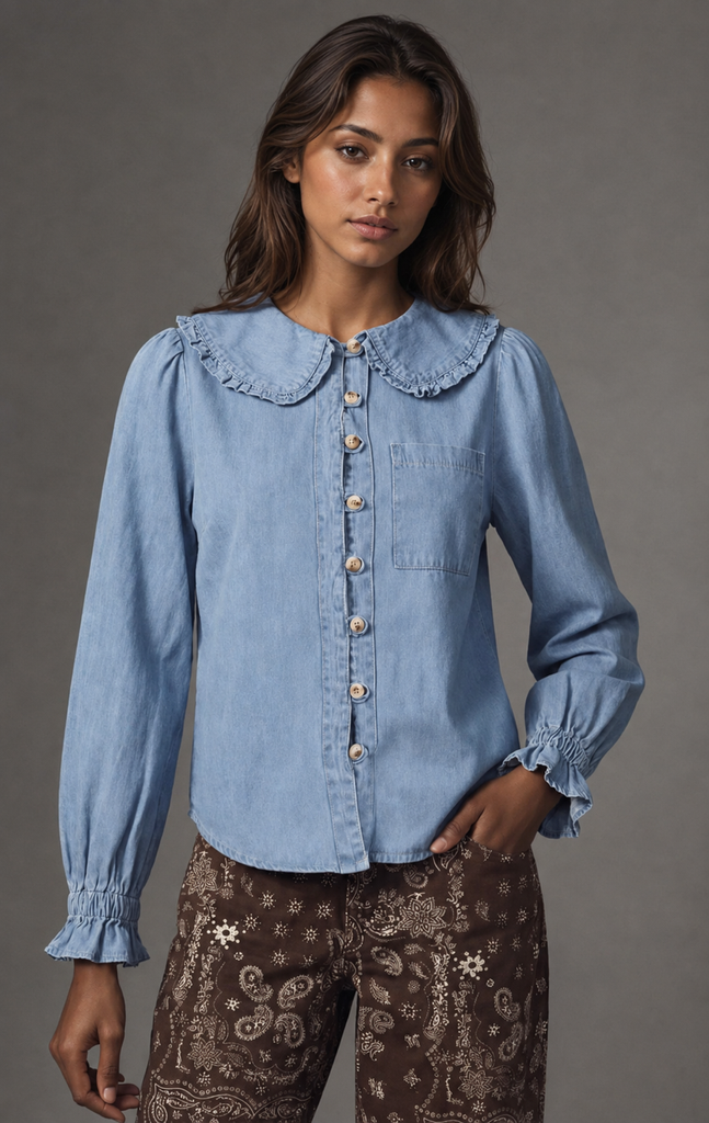 Ruffle Collar Blouse Chambray