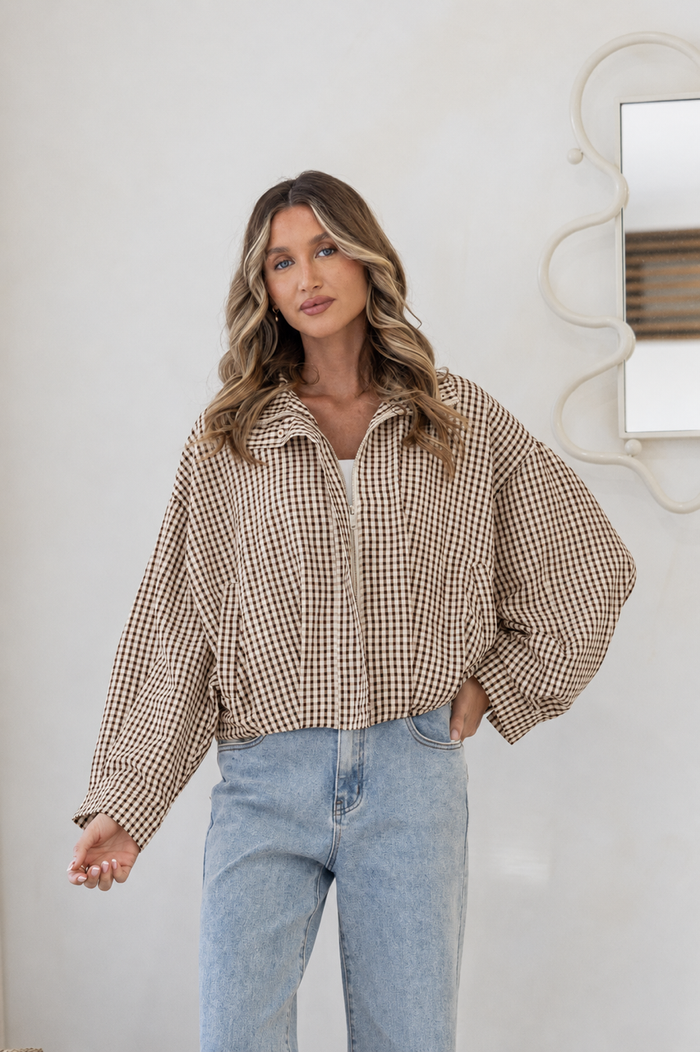 Spring Bomber Jacket Choc Gingham