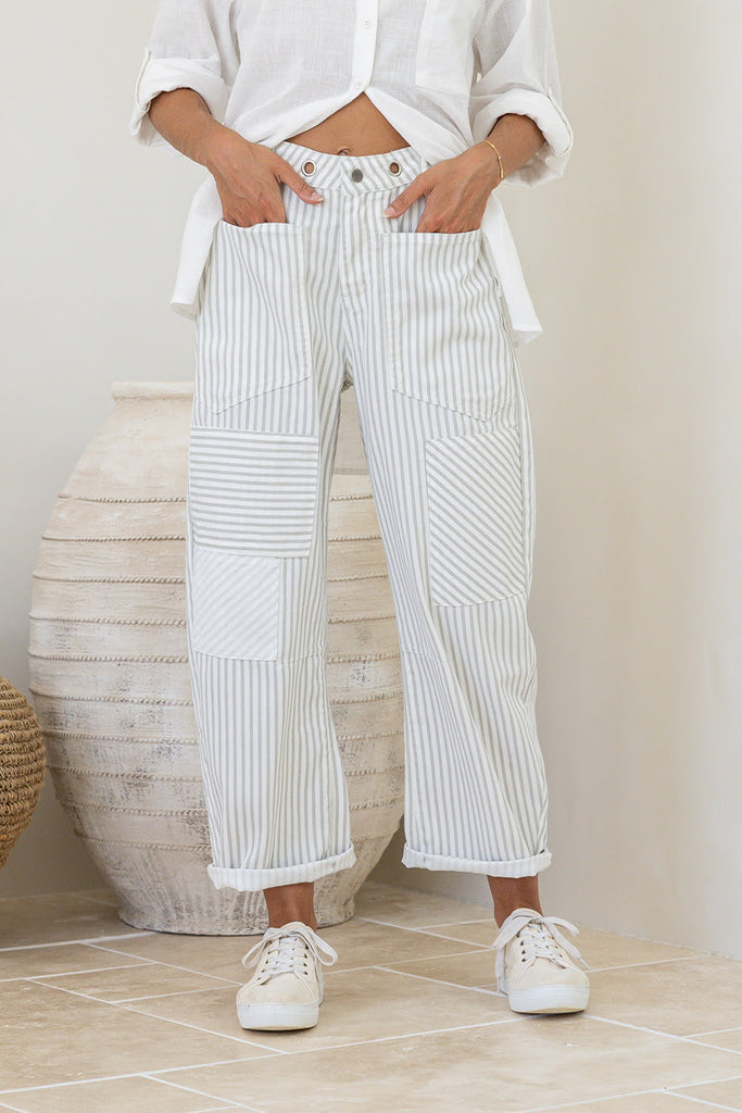 Eyelet Barrel Pant White / Grey Stripe