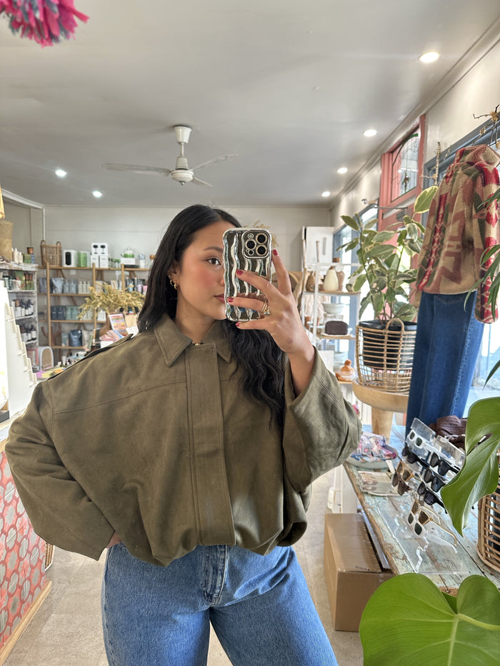Faux Suede Bomber Jacket Khaki