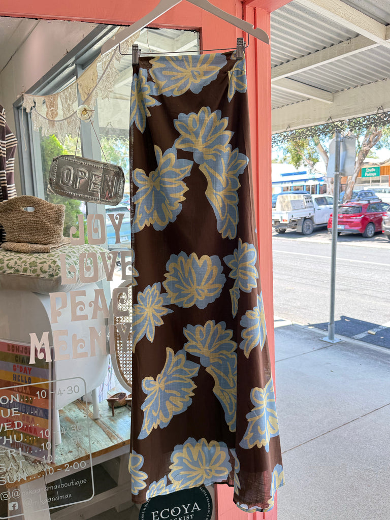 Choc/Blue Floral Strapless Maxi Dress