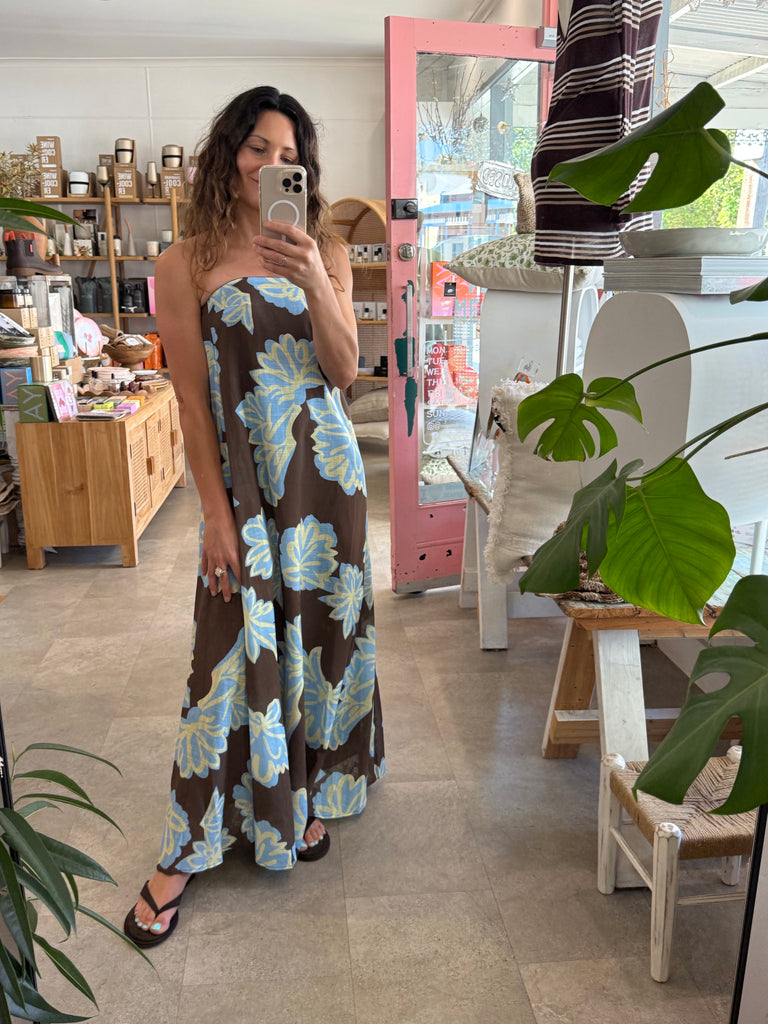 Choc/Blue Floral Strapless Maxi Dress