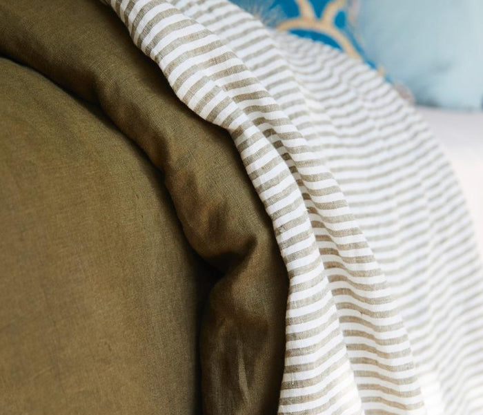 Linen flat sheet moss stripe, sage and Clare, Mika and Max