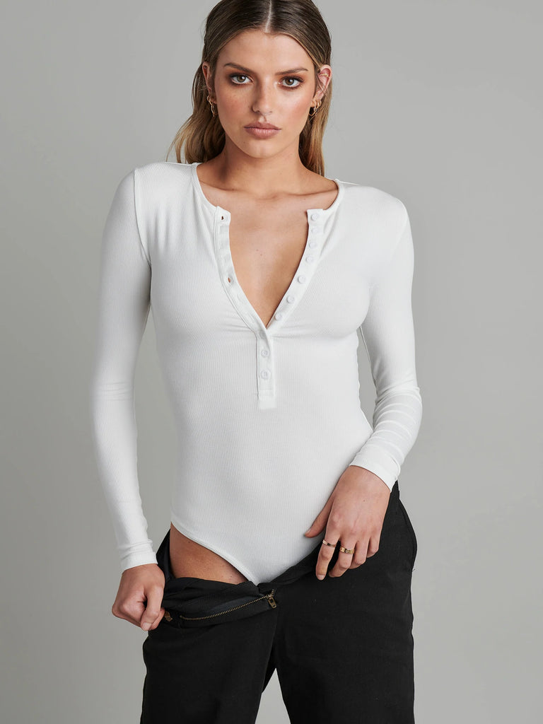 Long Sleeve Crew Neck Button Down Bodysuit - White