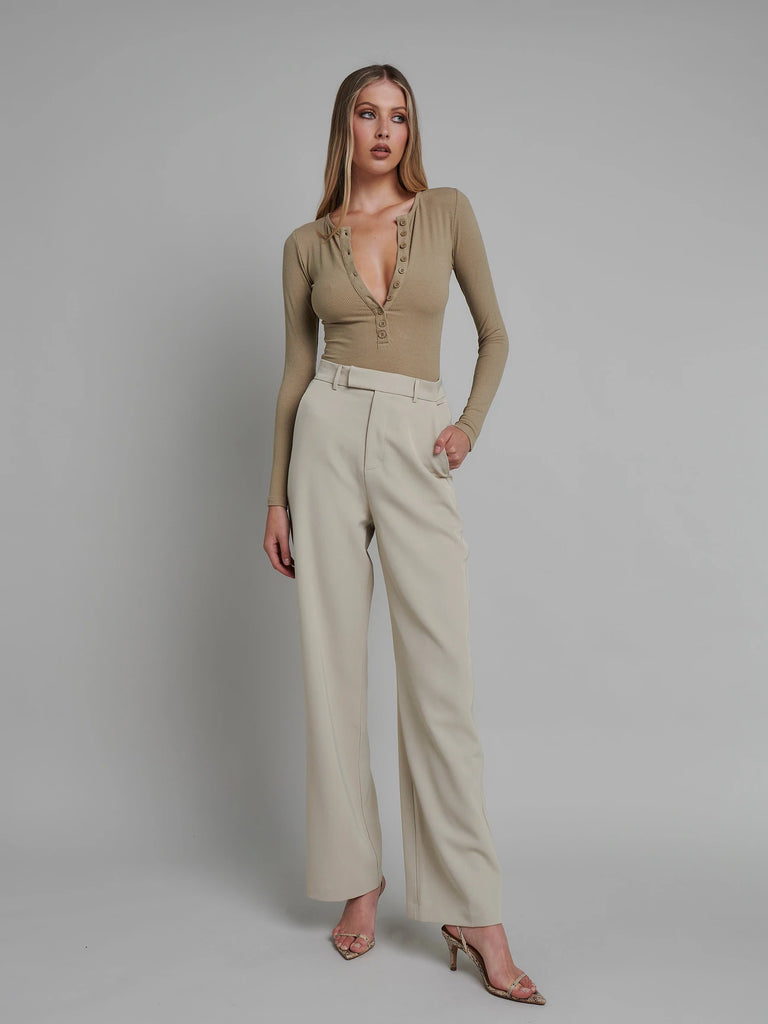 Long Sleeve Button Down Bodysuit - Pale Khaki